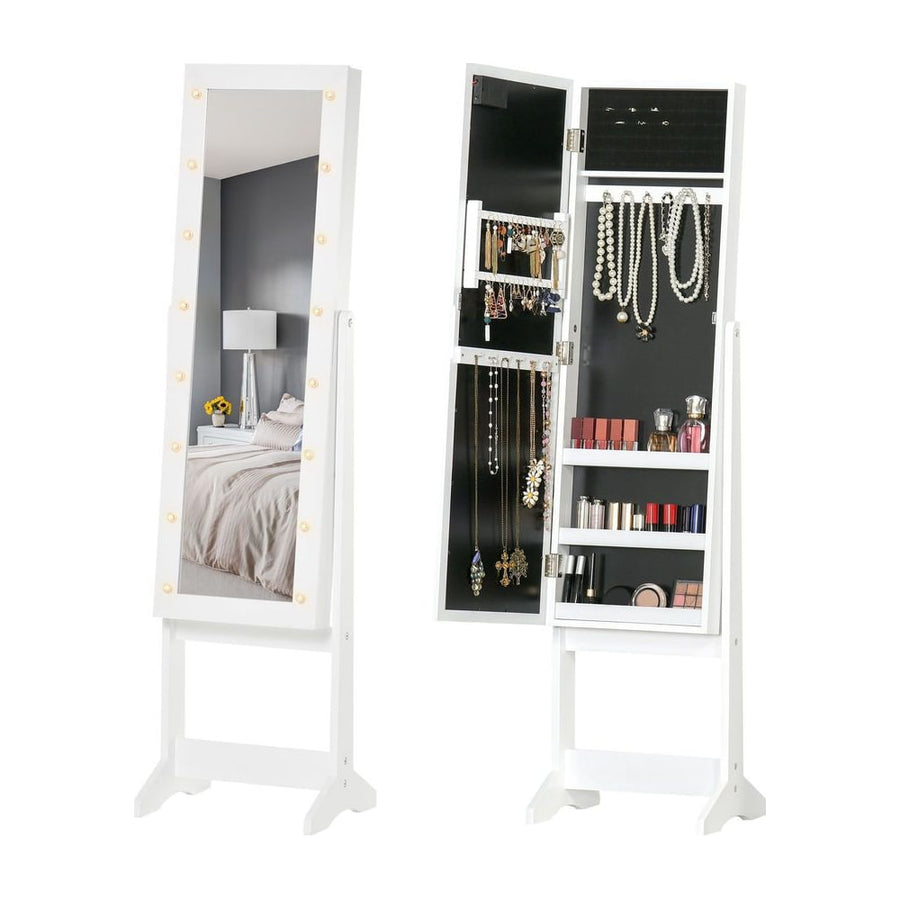 HOMCOM Free Standing LED Mirrored Jewelry Cabinet Armoire Floor Organiser W/ 3 Angle Adjustable For Rings Earrings Bracelets