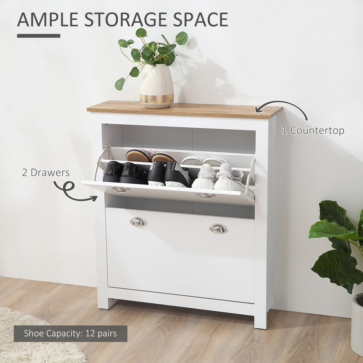 HOMCOM 2 Drawer Shoe Cabinet Modern Narrow Shoe Cupboard Hallway Wooden Storage Organiser with Flip Doors Adjustable Shelf for 6-12 Pairs, White