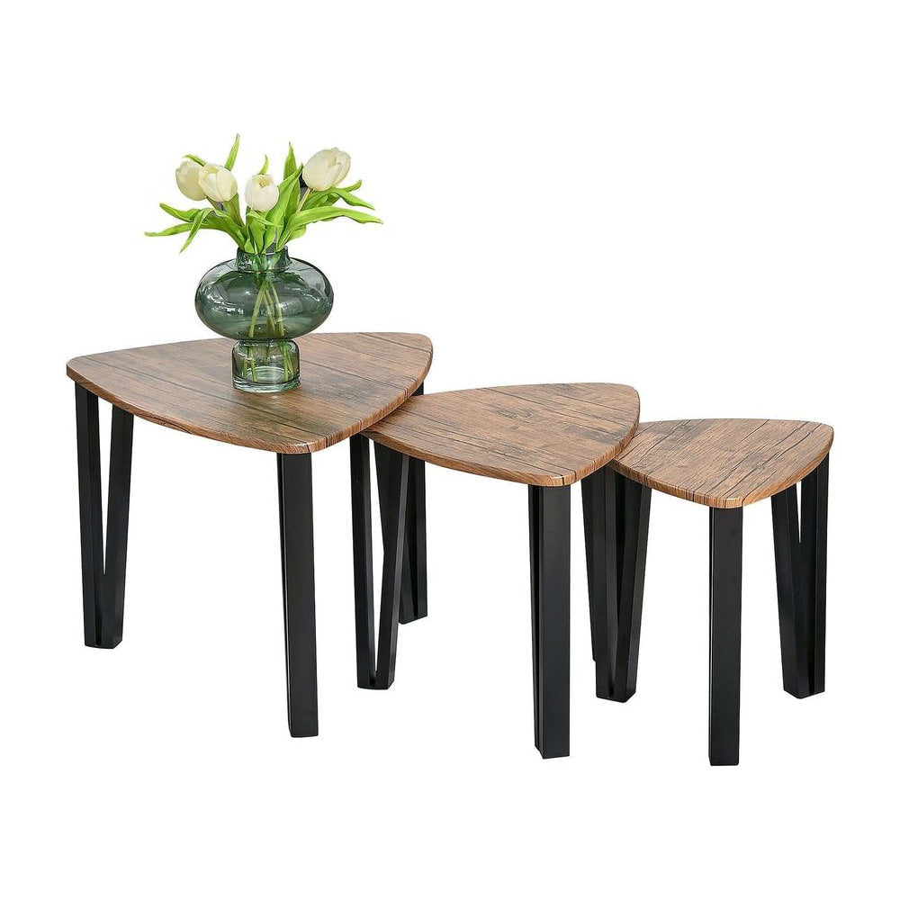 HOMCOM Nest of Tables, Coffee Table Set of 3, Triangle Nesting Tables with Metal Legs, Industrial End Side Table for Living