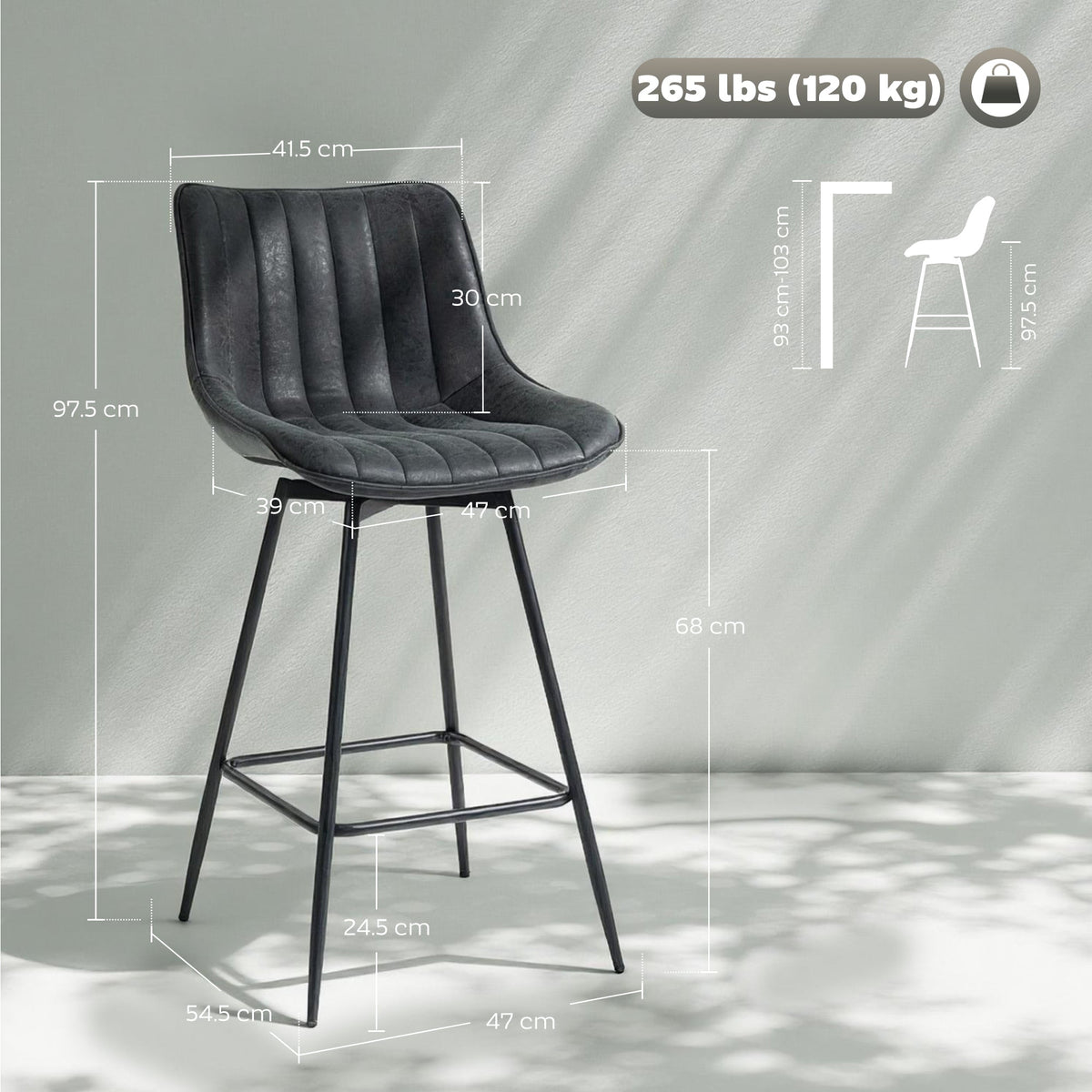 HOMCOM Set of 2 PU Leather Swivel Bar Stools - Black