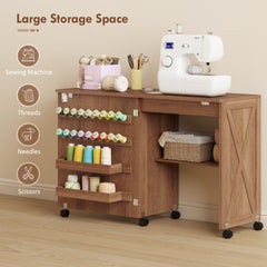 HOMCOM Folding Sewing Table, Rolling Craft Table with Storage compartments, Shelf and Lockable Casters for Small Spaces, Brown