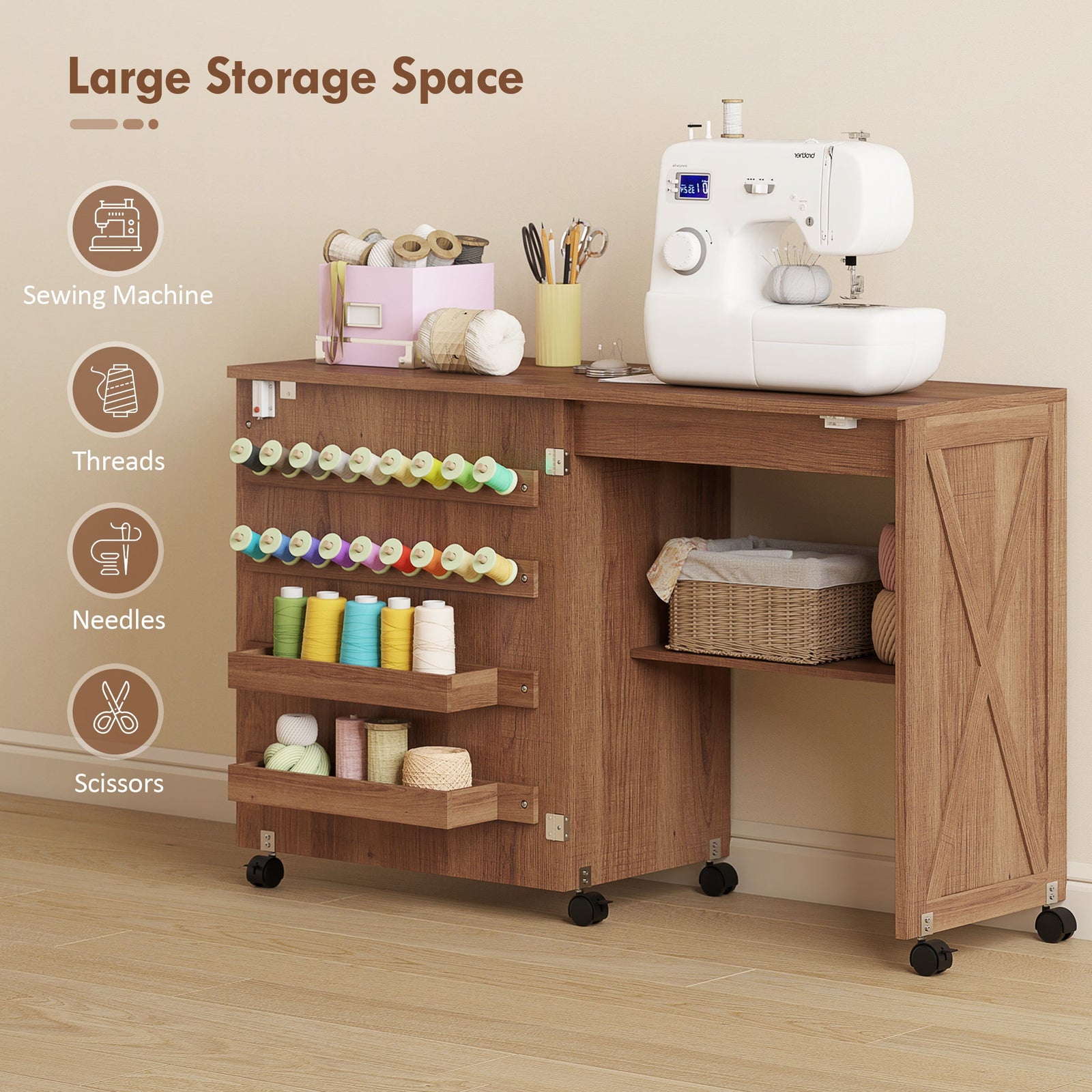 The sewing table with large storage space for threads and needles