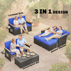 Outsunny Double Garden Rattan Daybed, Wicker Sun Bed Chaise Lounger with Storage Ottoman, 4-Level Adjustable Backrest, Brown