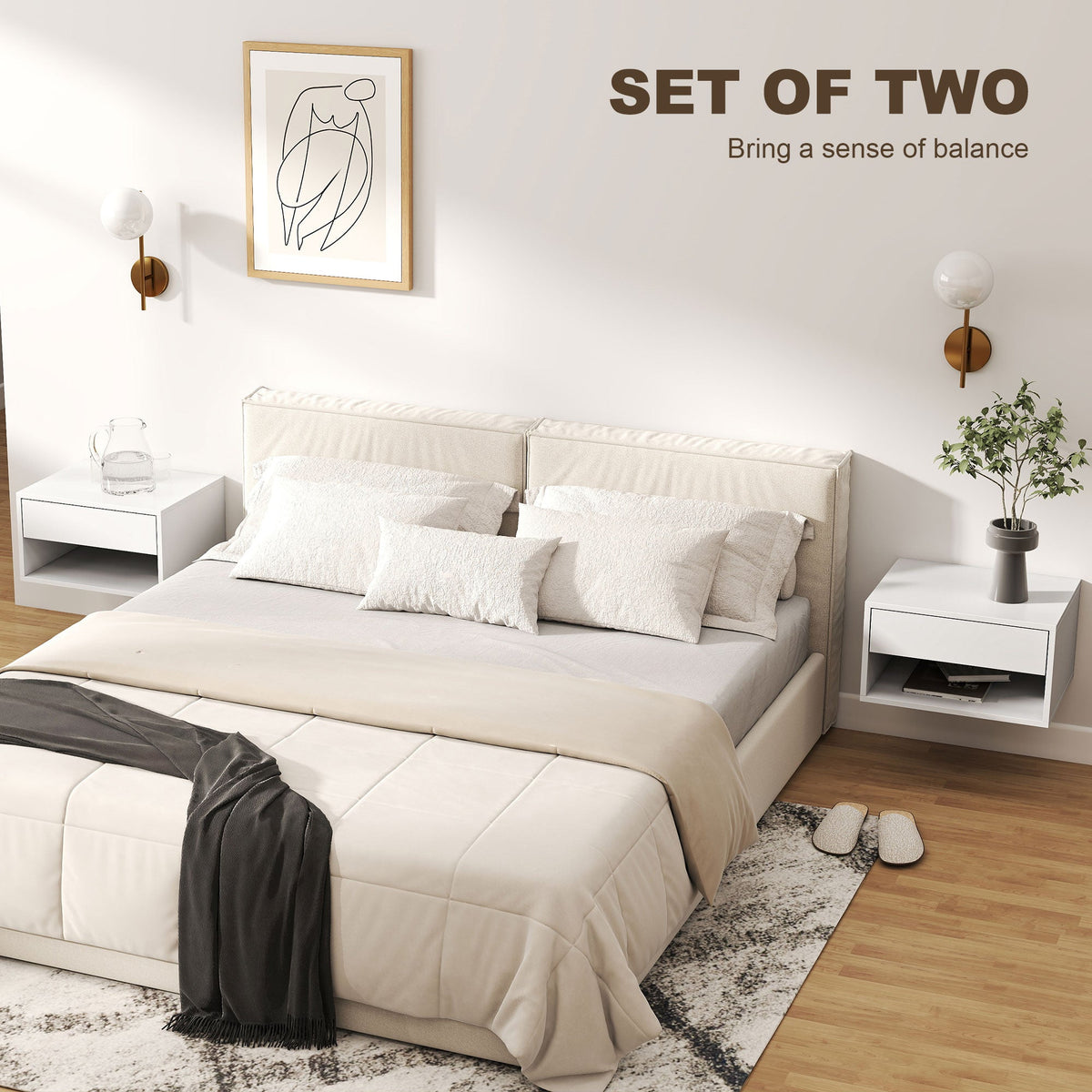 HOMCOM Set of Two Floating Bedside Tables - White