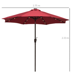 Outsunny Φ2.7m Garden 24 LED Light Parasol Solar Outdoor Tilt Sun Umbrella Patio Club Party Event Manual Sun Shade w/ Hand Crank and 8 Ribs, Red