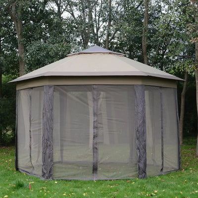 Heavy-Duty Garden Double Roof Hexagon Gazebo Tent - Coffee and Beige