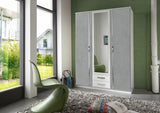 Dewi 3 Door Wardrobe Mirrored with 2 Drawers - White and Grey