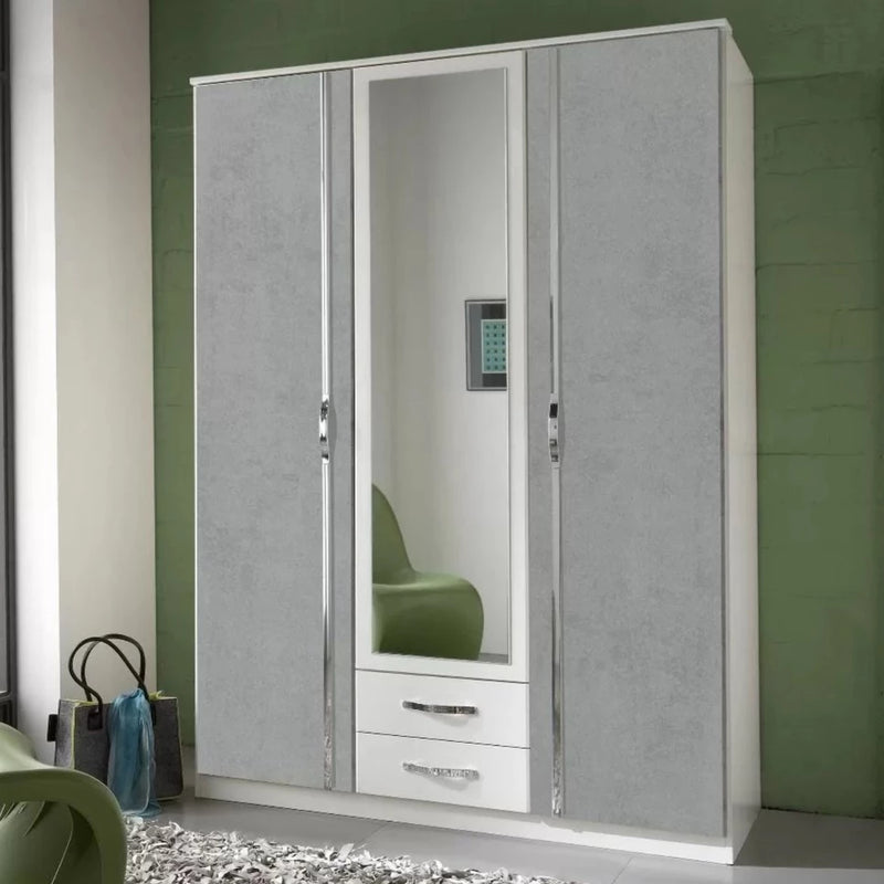 Dewi 3 Door Wardrobe Mirrored with 2 Drawers - White and Grey