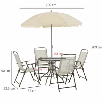 Garden Dining Table Chair Set 6PC With Parasol - Beige