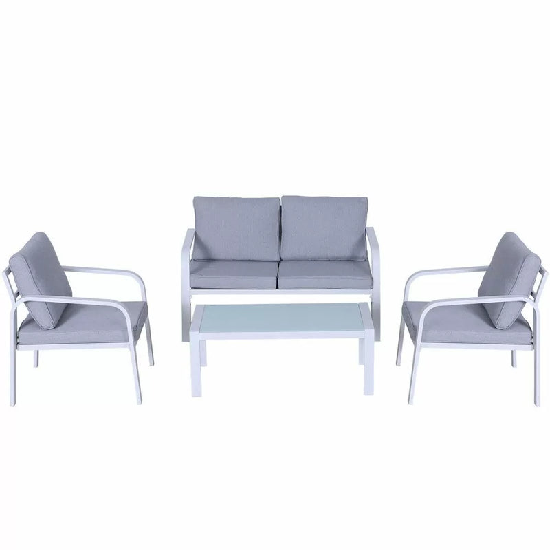 Aluminium Garden 4 Pieces Table Chairs Set with Glass Top and Cushions - White
