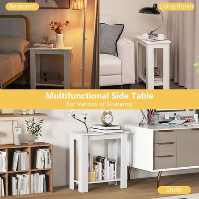 2-Tier End Table with Storage Shelf for Small Spaces-White