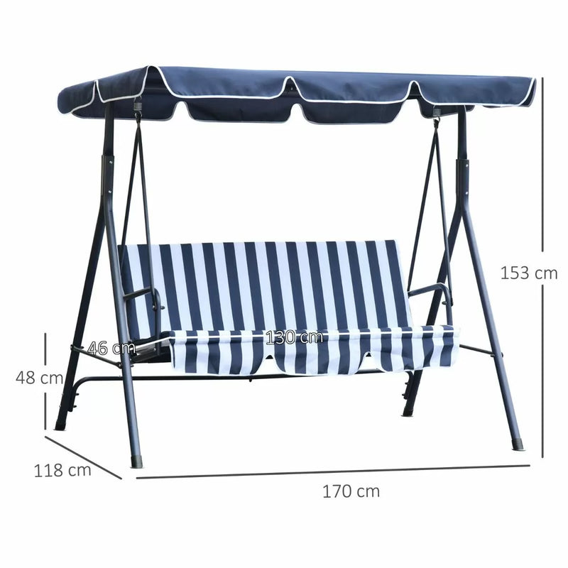 3 Seater Garden Swing With Adjustable Canopy - Blue Stripe