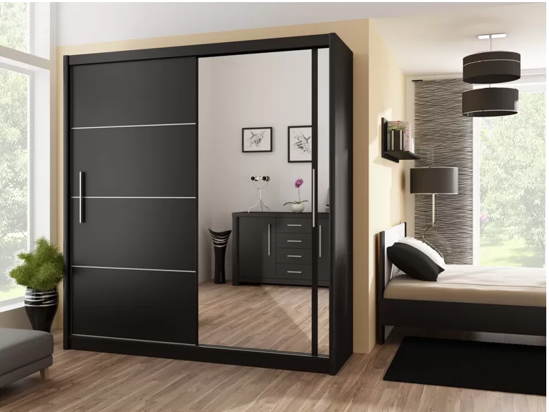 Vista Mirrored Sliding Door Wardrobe - Black, White and Oak