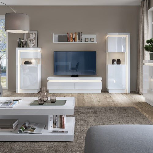 Lyon White & High Gloss Narrow Long LHD Display Cabinet With LED