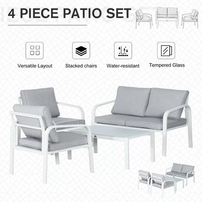 Aluminium Garden 4 Pieces Table Chairs Set with Glass Top and Cushions - White