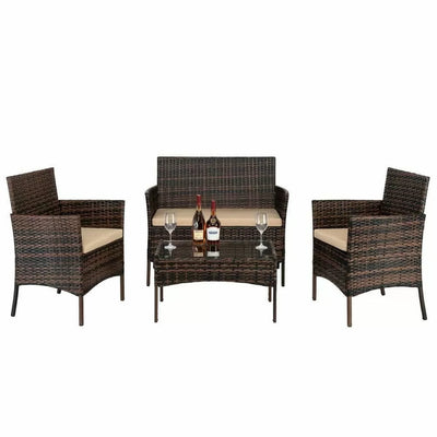 4 Pieces Rattan Wicker Garden Table Chair Set With Cushion - Brown