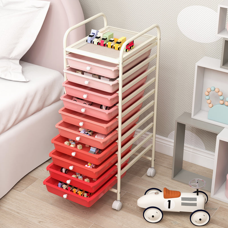 10 Drawers Mobile Storage Trolley with 4 Wheels for Beauty-Pink