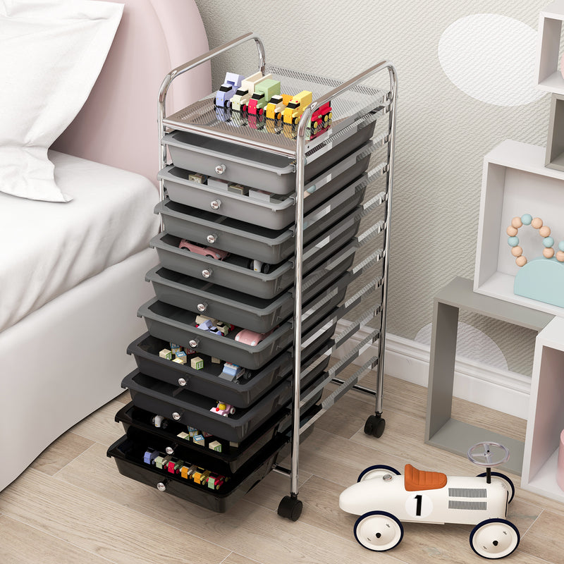 10 Drawers Mobile Storage Trolley with 4 Wheels for Beauty-Silver Grey