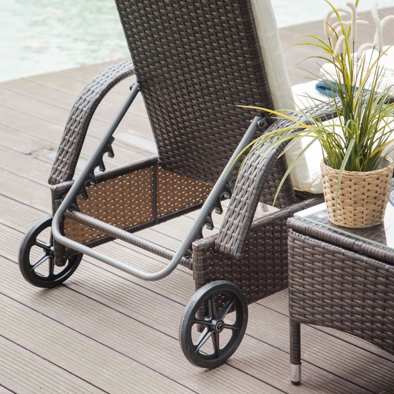 Boro 2 Seat Rattan Reclining Sun Lounger with Side Table Set Brown, Grey, Black