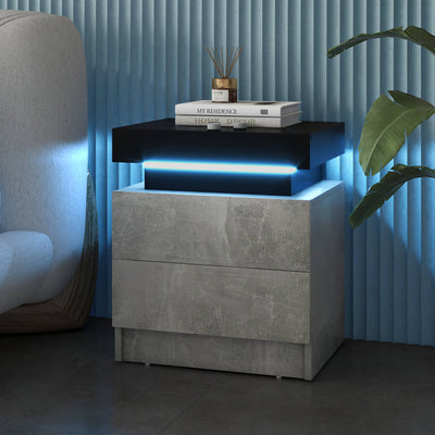 Modern Nightstand Faux Marble End Table with 2 Drawers and LED Light