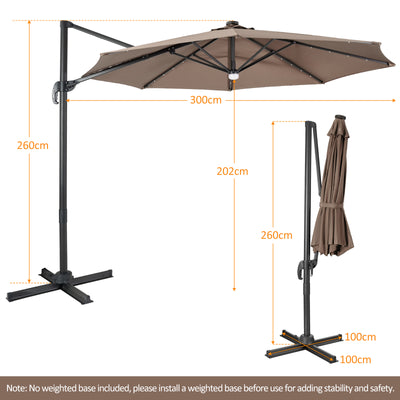 10 Feet Cantilever Solar Umbrella 28LED Lighted Patio Offset Tilt 360° for Outdoor-Brown