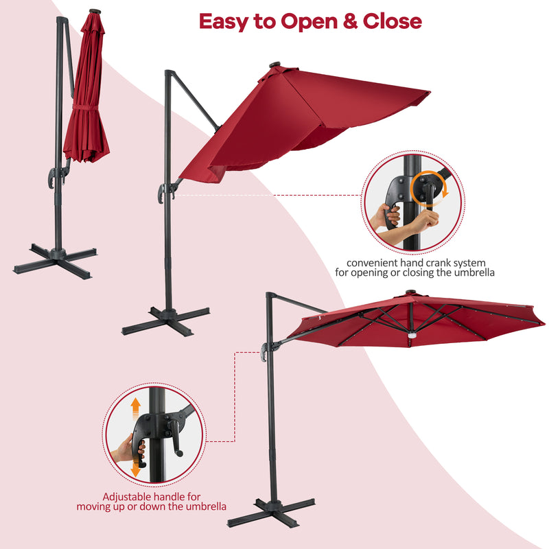 10 Feet Cantilever Solar Umbrella 28LED Lighted Patio Offset Tilt 360° for Outdoor-Wine