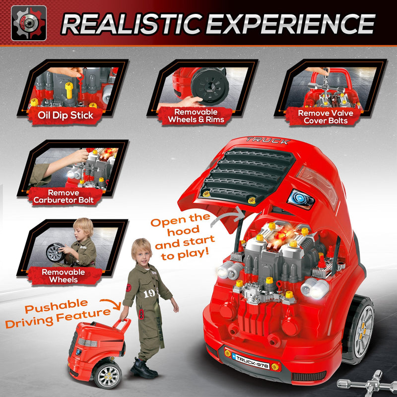 HOMCOM Kids Truck Engine Toy Set, Toddler Educational Car Service Station Playset, Take Apart Workshop, w/ RC Car Key, Light, for 3-5 Years Old Red