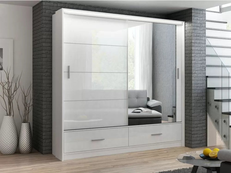 Cornelia High Gloss Mirrored Sliding Door Wardrobe - White, Black, Grey