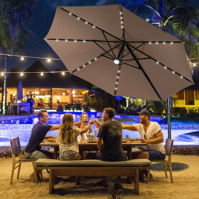 10 Feet Cantilever Solar Umbrella 28LED Lighted Patio Offset Tilt 360° for Outdoor