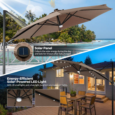10 Feet Cantilever Solar Umbrella 28LED Lighted Patio Offset Tilt 360° for Outdoor