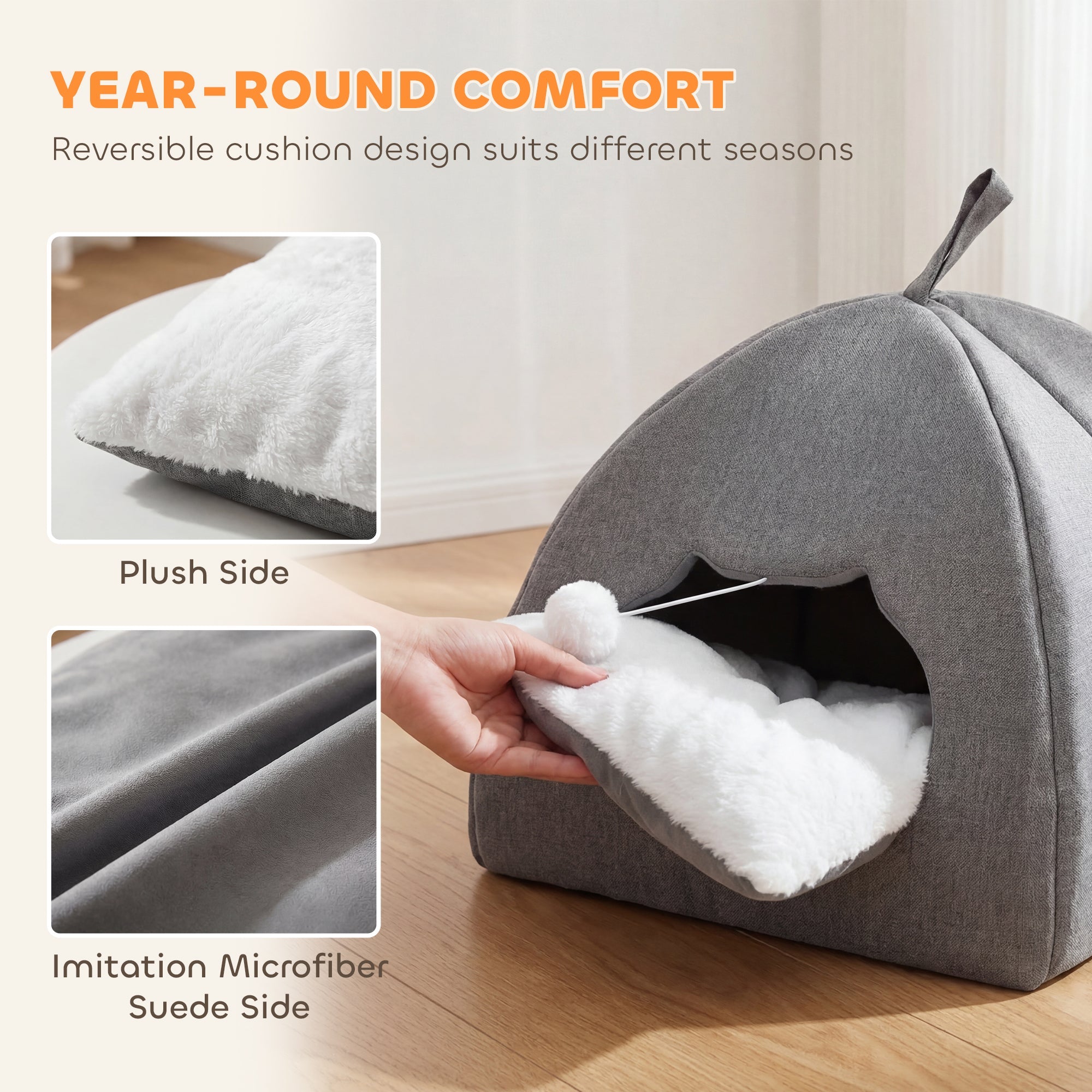 PawHut Cat Cave Bed for Indoor Kittens, Cat House with Removable Cushion and Teaser Ball, Kitty Igloo with Anti-Slip Base, 42 x 42 x 39 cm, Grey