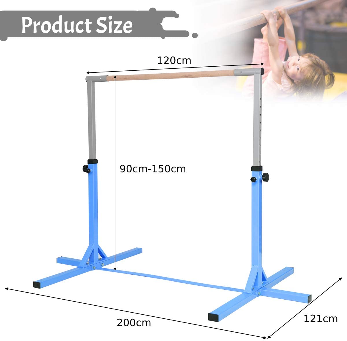 Children's Height Adjustable Gymnastics Training Bar, 90-150cm-Blue