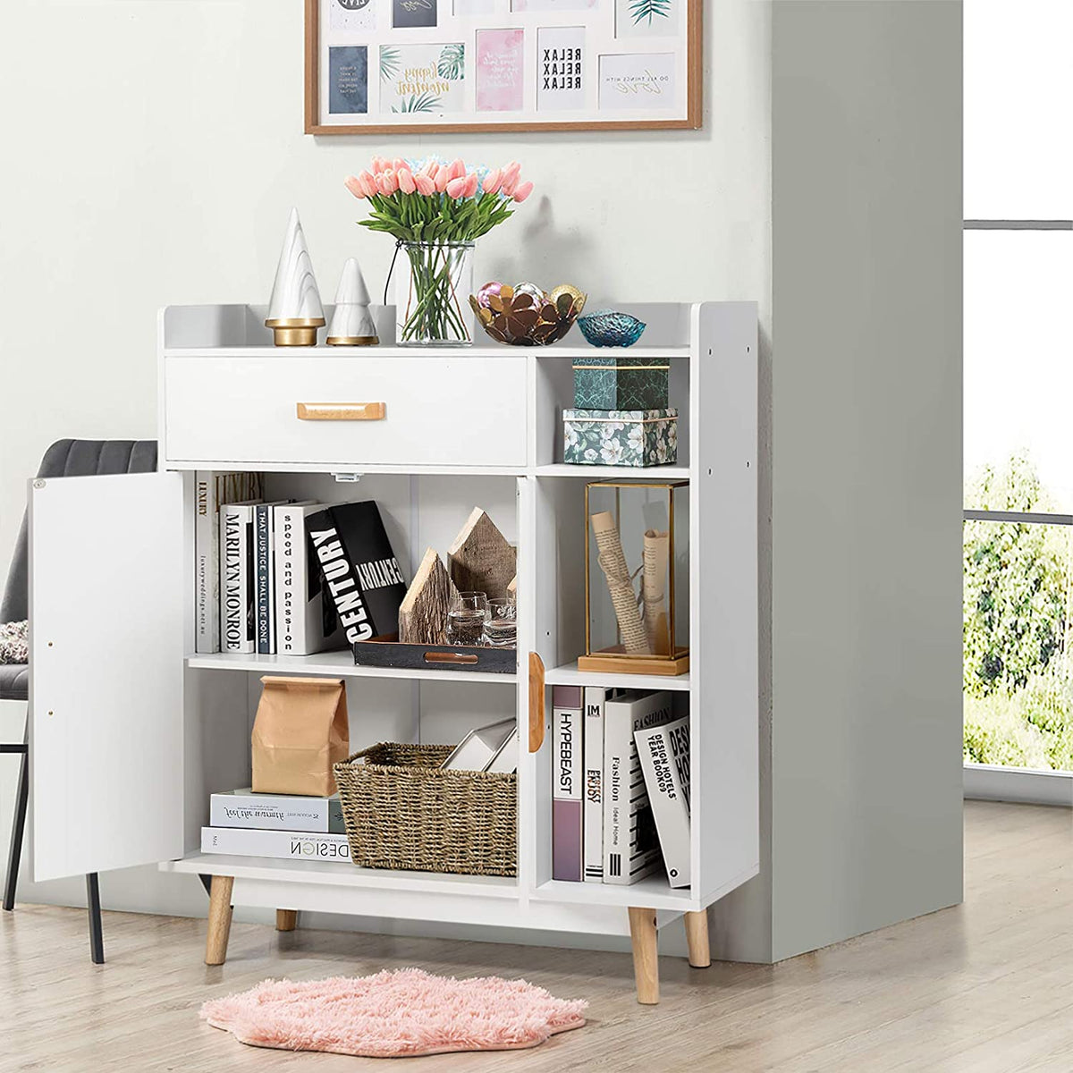 Freestanding Wooden Bookcase with Drawer and Adjustable Shelves-White