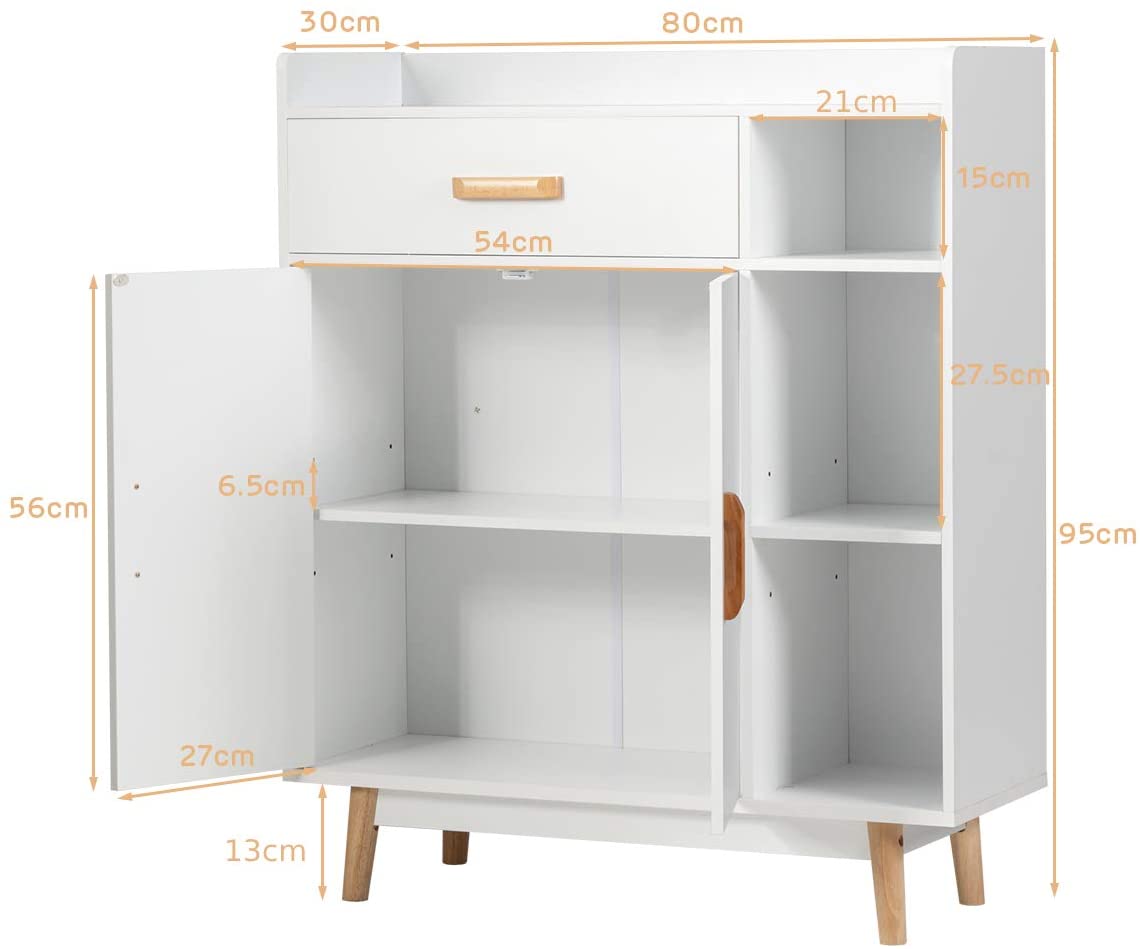 Freestanding Wooden Bookcase with Drawer and Adjustable Shelves-White