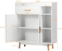 Freestanding Wooden Bookcase with Drawer and Adjustable Shelves-White