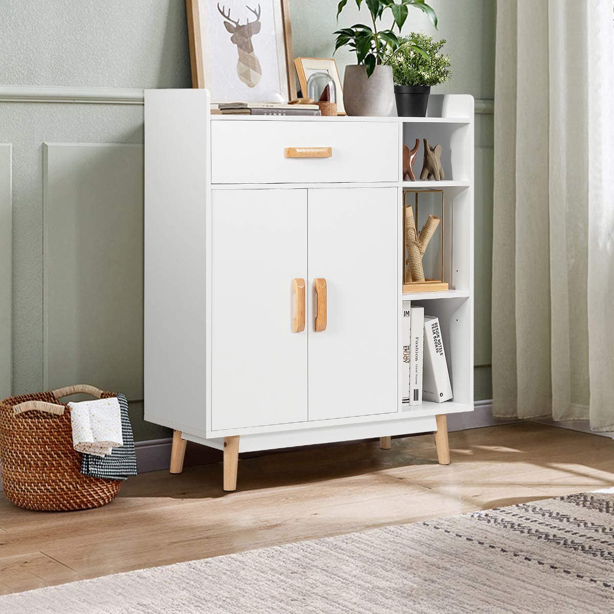 Freestanding Wooden Bookcase with Drawer and Adjustable Shelves-White