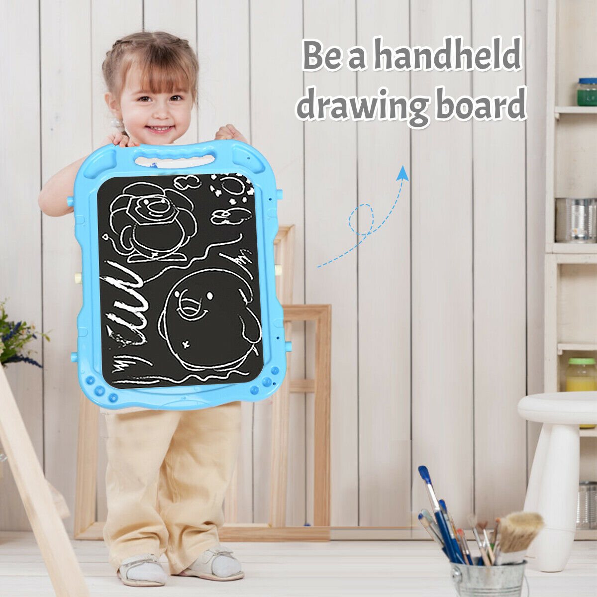 Kids Double Sided Boards Easel Magnetic Painting Art-Blue