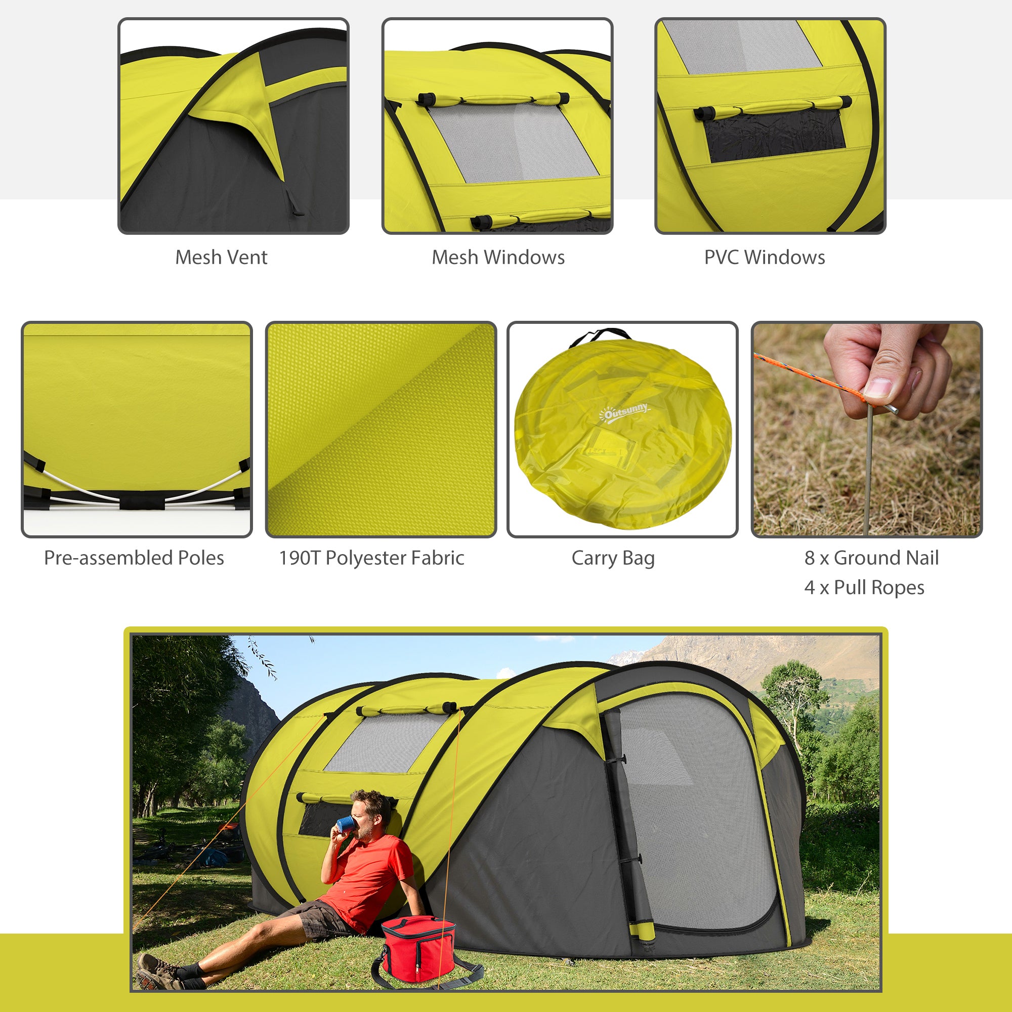 Outsunny 4 Person Pop-up Camping Tent Family Tent with Ground Sheet, 4 Windows and Portable Carry Bag for Beach Outdoor Trip, Yellow