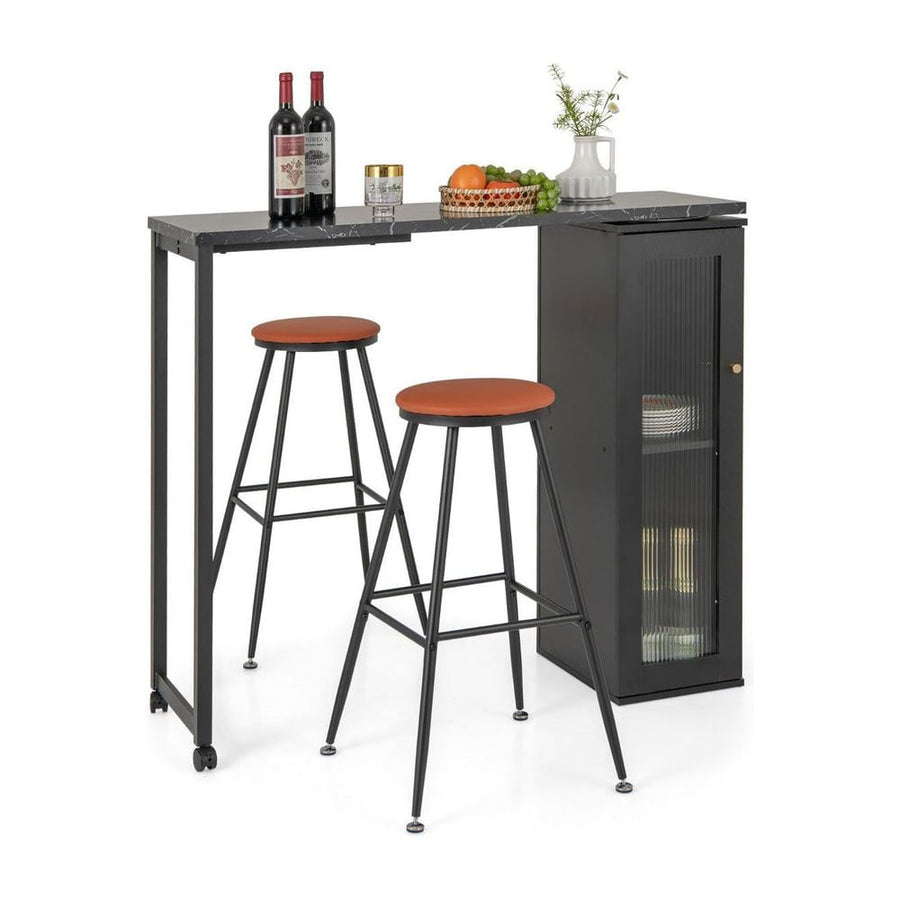 Swivelling Top Bar Table and Chairs Set of 3 with Storage Cabinet-Black