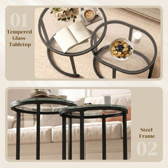 HOMCOM Nest of Tables with Steel Frame and Tempered Glass Tabletop, Modern Coffee Table Set of 2, Black
