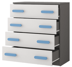 Four-drawer dresser with white drawers and blue handles on a gray background