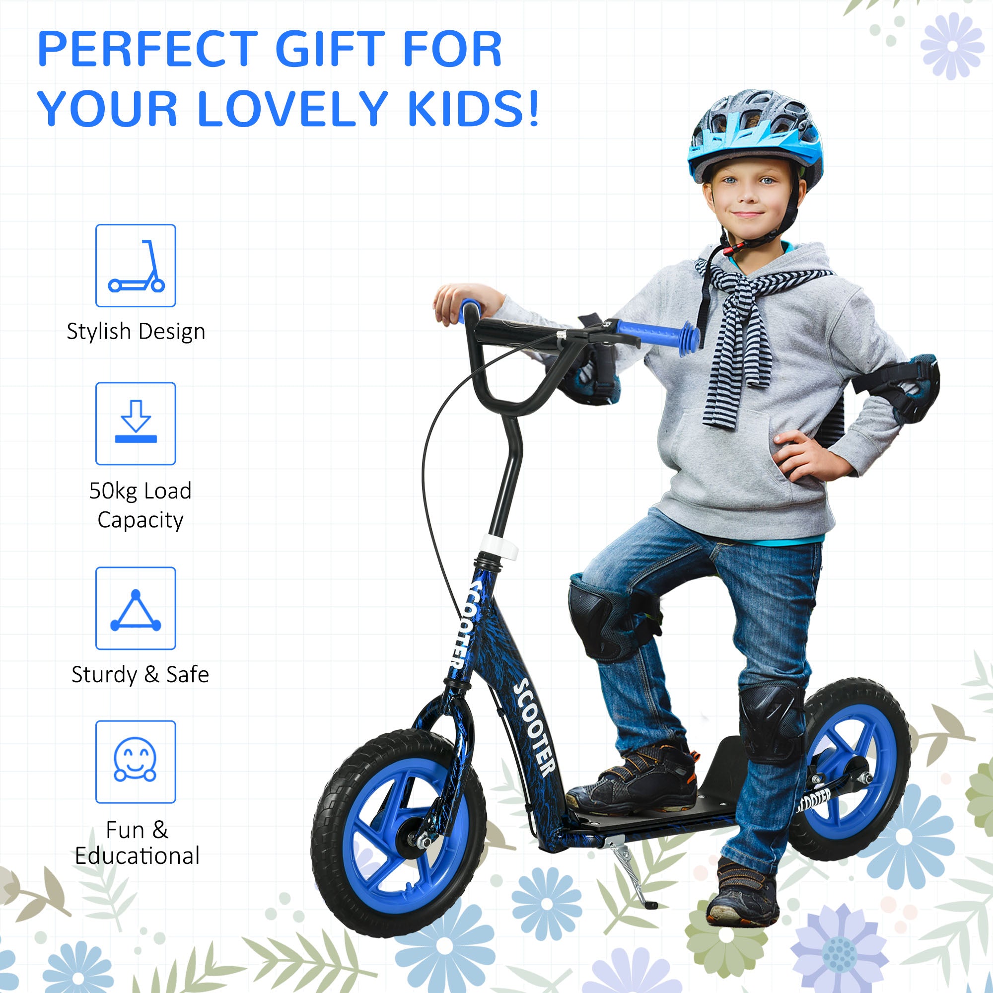 AIYAPLAY Kids Scooter with Adjustable Handlebar, Children's Kick Scooter with Non-slip Footplate, Rear Brake, Kickstand, Blue