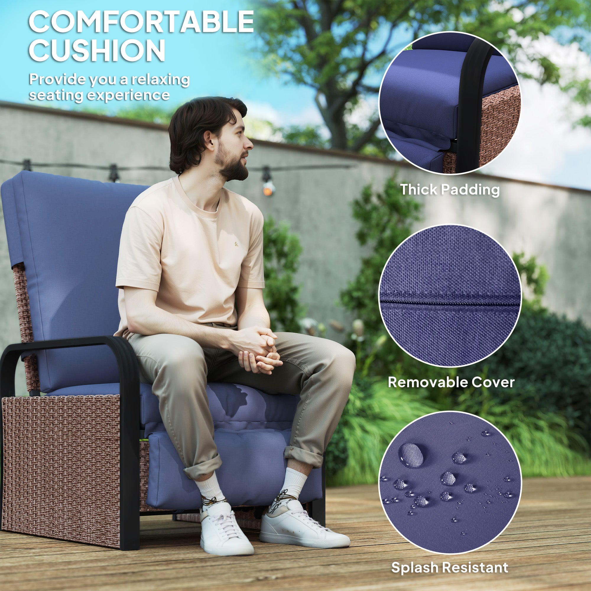 Outsunny 140√Ç¬∞ Reclining Rattan Armchair - Brown/Blue