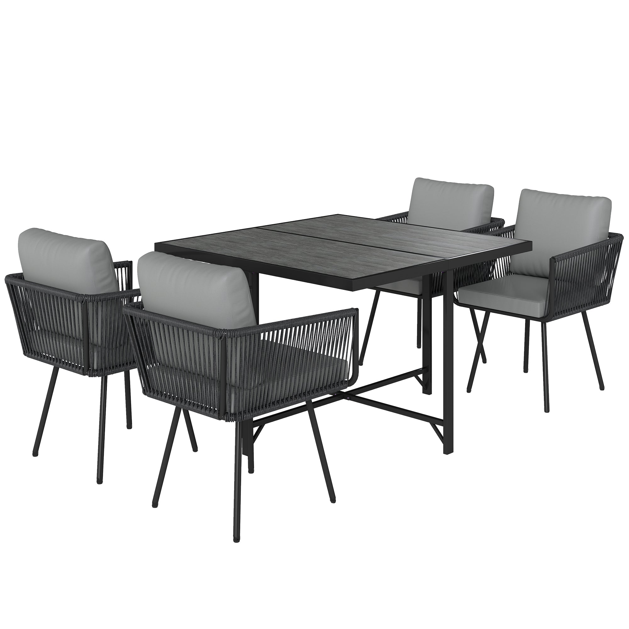 Outsunny 5 Piece Garden Furniture Set, Garden Dining Set with Wood-Plastic Table and 4 Stackable Chairs, Light Grey