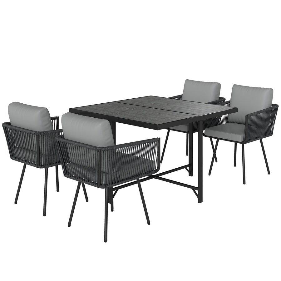 Outsunny 5 Piece Garden Furniture Set, Garden Dining Set with Wood-Plastic Table and 4 Stackable Chairs, Light Grey