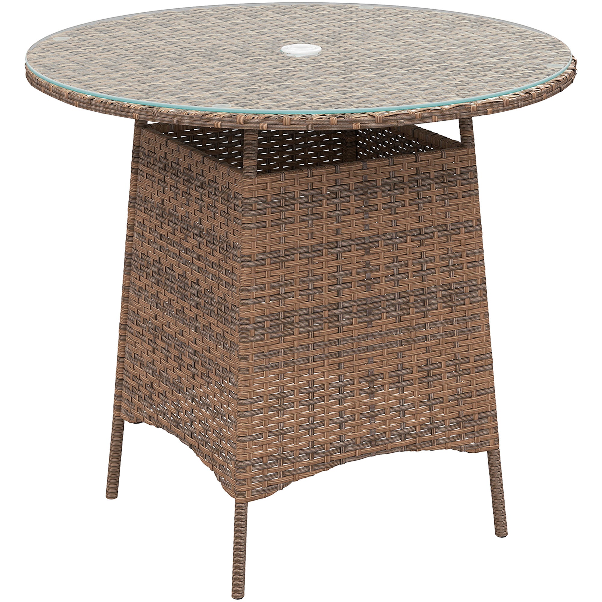 Outsunny Wicker Garden Rattan Table, Patio Furniture Outdoor Coffee Table with Umbrella Hole and Tempered Glass Top, Brown