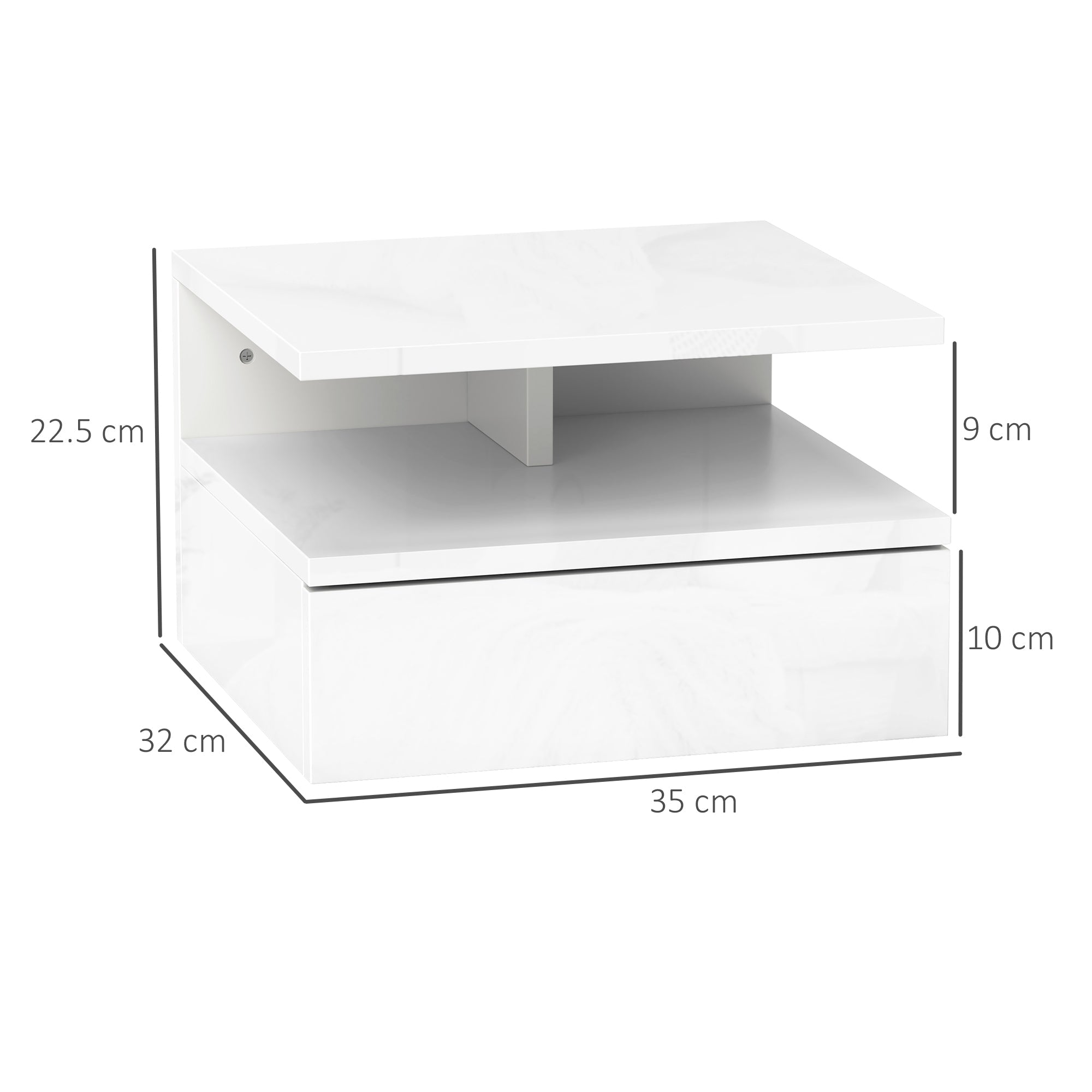 HOMCOM Floating High Gloss Bedside Table - High Gloss White
