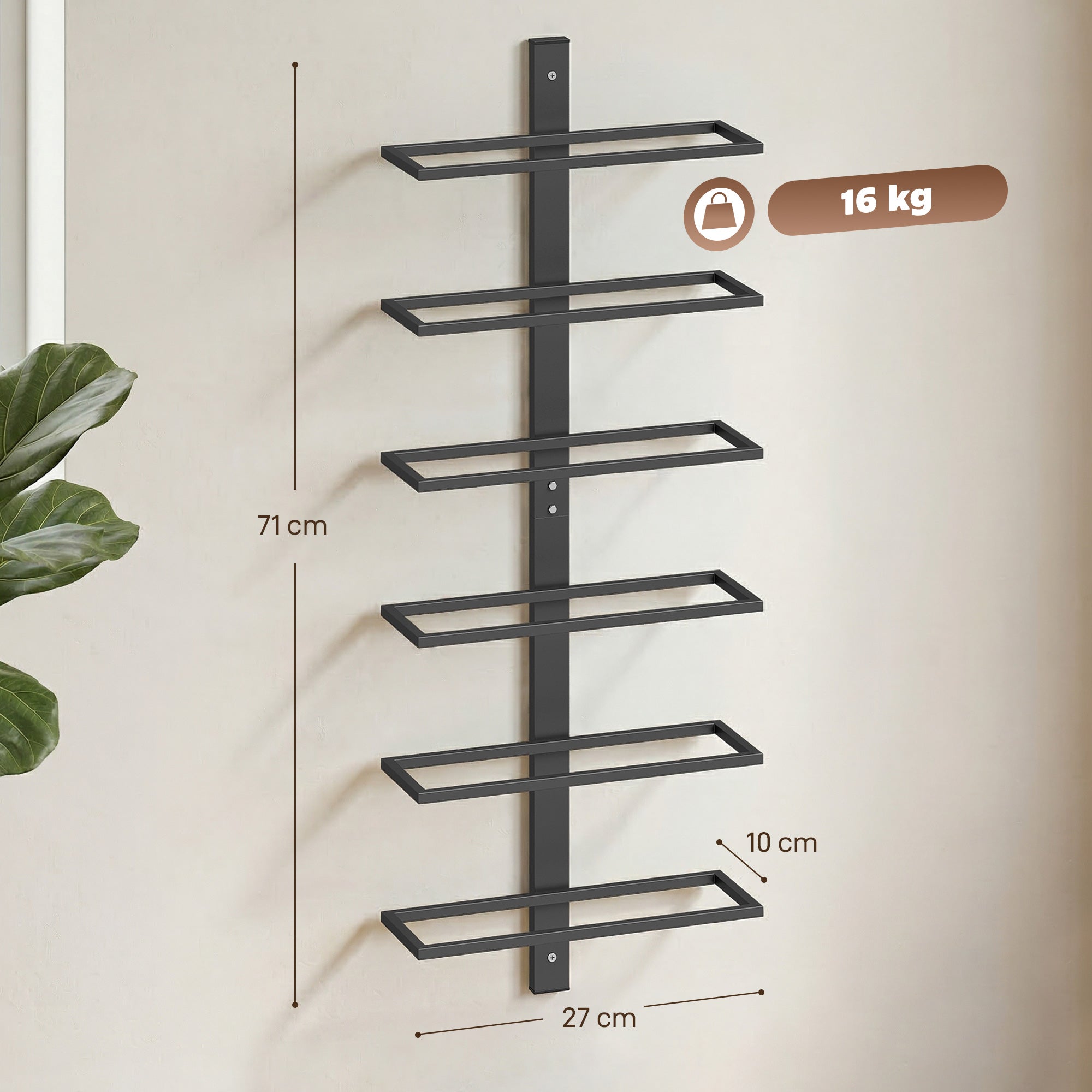 HOMCOM Wall Mounted Wine Rack, 6 Tier Metal Wine Display Rack, Storage Holder for Kitchen, Black