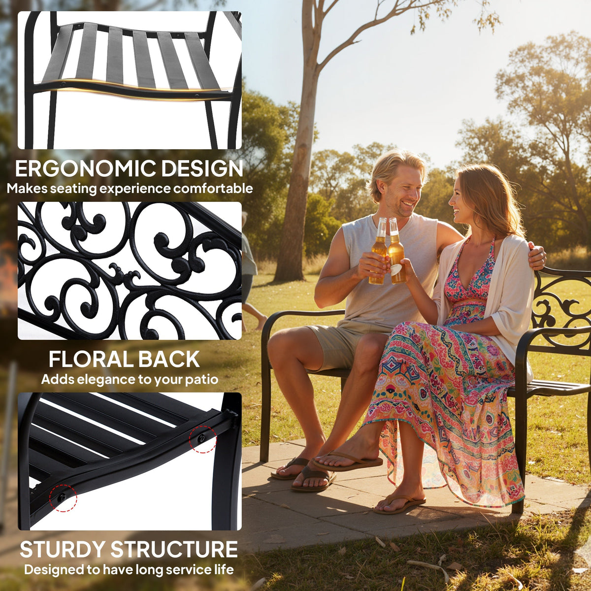Outsunny Metal Garden Bench with Floral Backrest and Armrests - Black