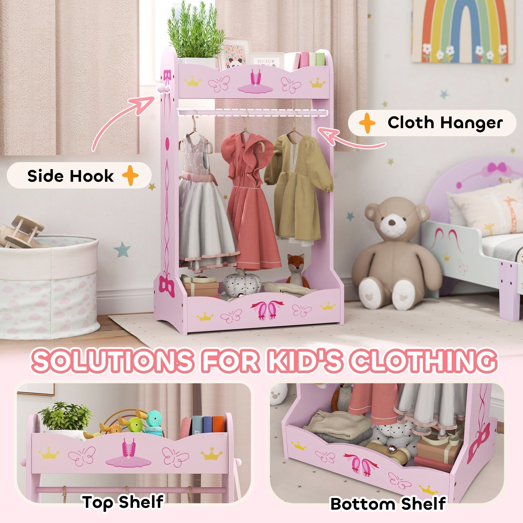 AIYAPLAY Kids Clothes Rail, Kids Dressing Mirror with 360 Rotating, 2 Piece Kids Furniture Set with Storage Shelves, Pink